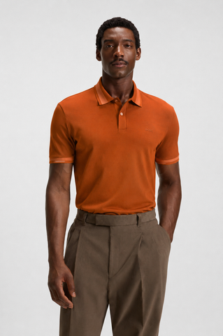 Polo BOSS de algodón mercerizado de corte ajustado con ribetes estructurados - Naranja Oscuro