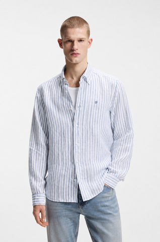 Camisa BOSS de corte regular en lino a rayas - Azul claro