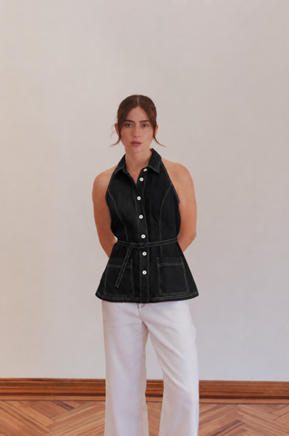 Blusa Faride Aire de Lino Halter con Cinturón - Negro