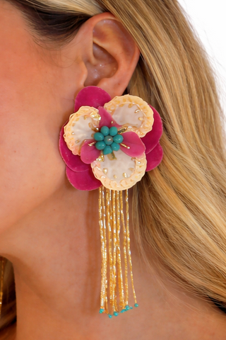 Aretes Simona Daissy con Flor y Flecos de Mostacillas – Fucsia / Nude / Turquesa