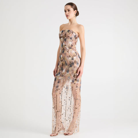 Vestido Largo HELSI Cher Ajustado con Pedrería y Lentejuelas – Champán – vista 6