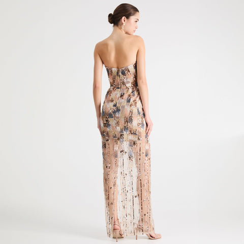 Vestido Largo HELSI Cher Ajustado con Pedrería y Lentejuelas – Champán – vista 5
