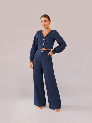 Set Faride Cora de Blusa Cropped y Pantalón Helga – Azul Marino