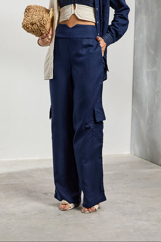 Pantalón ZOEW Gaia de pierna amplia en lino – Azul marino