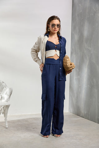 Pantalón ZOEW Gaia de pierna amplia en lino – Azul marino