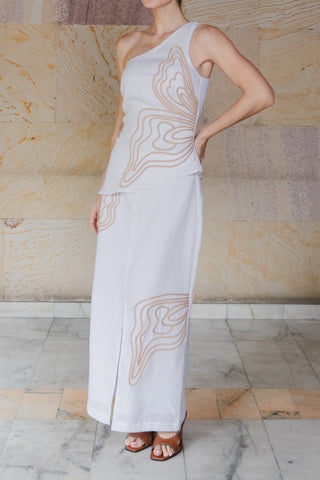 Vestido Maxi Faride Mariposa Strapless con Fruncido – Blanco