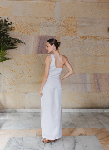 Vestido Maxi Faride Mariposa Strapless con Fruncido – Blanco