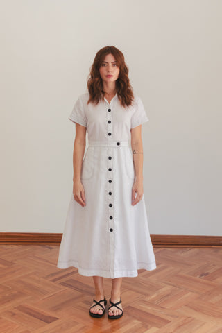 Vestido Midi Faride Anya de Lino con Botones Frontales - Blanco