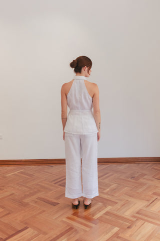 Blusa Faride Aire de Lino Halter con Cinturón - Blanco