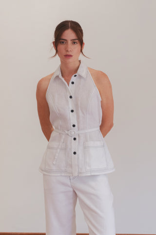 Blusa Faride Aire de Lino Halter con Cinturón - Blanco