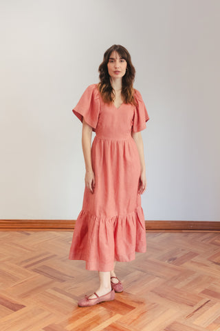 Vestido Midi Faride Glenda de Lino con Mangas Volantes - Rosado