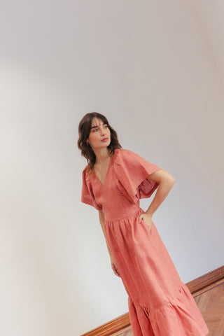 Vestido Midi Faride Glenda de Lino con Mangas Volantes - Rosado