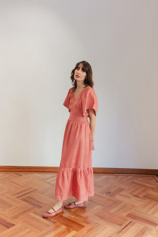 Vestido Midi Faride Glenda de Lino con Mangas Volantes - Rosado