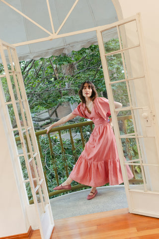 Vestido Midi Faride Glenda de Lino con Mangas Volantes - Rosado