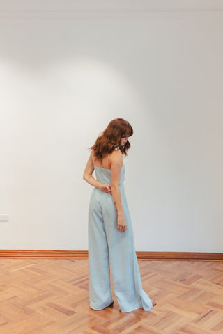 Enterizo Faride Puerto de Lino con Escote Corazón y Pierna Ancha - Azul Claro