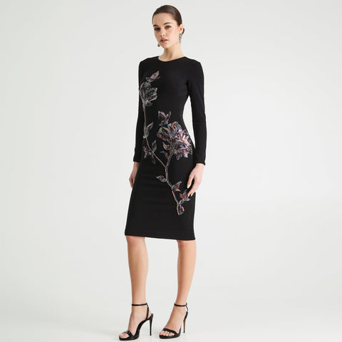 Vestido Midi HELSI Ivy Ajustado de Punto con Flores de Lentejuelas – Negro – vista 1