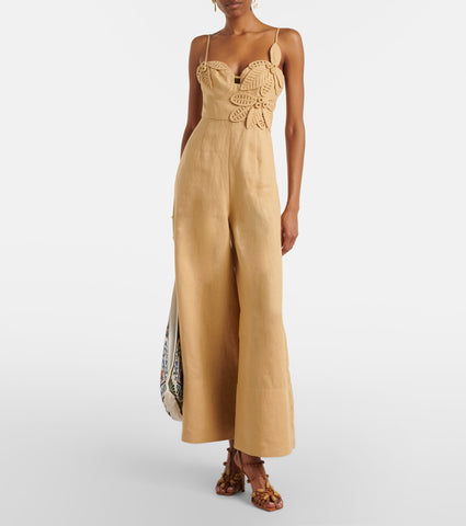 Jumpsuit FARM RIO de Lino Natural con Bordados Florales