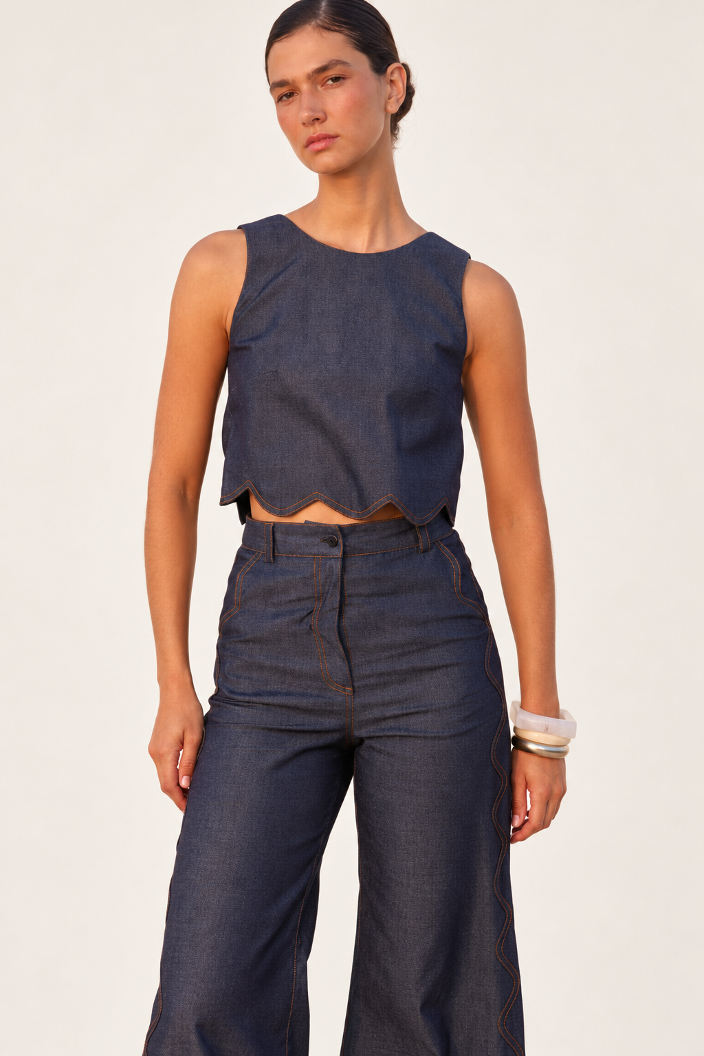 Conjunto Pompousa Almendra y Roberta Wide Leg – Azul Denim