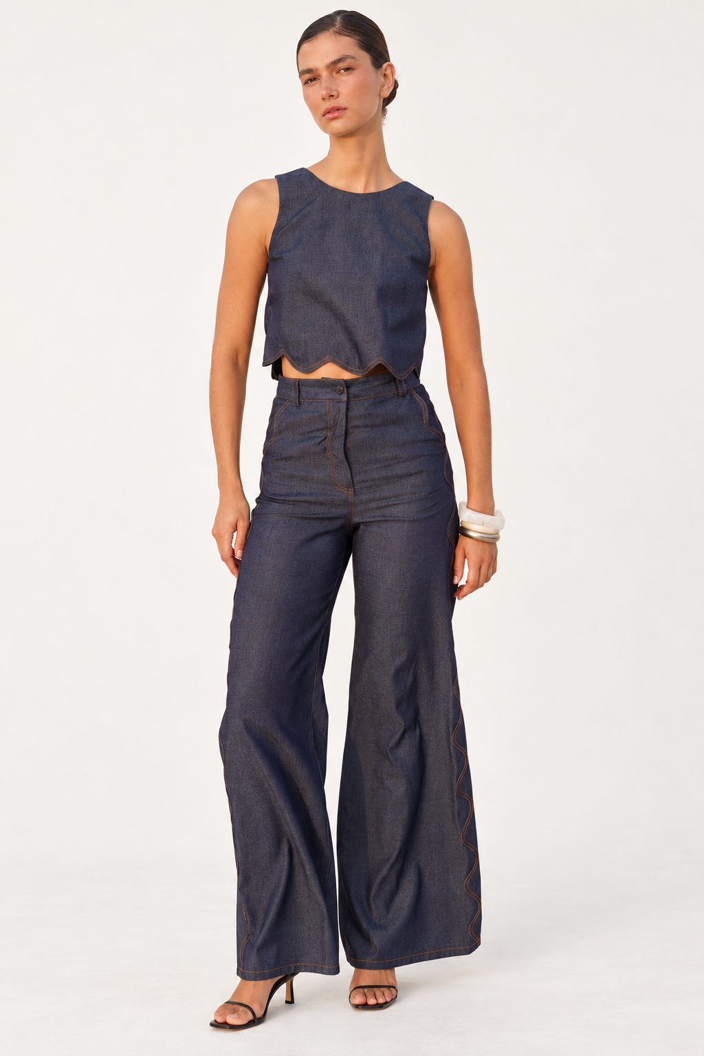 Conjunto Pompousa Almendra y Roberta Wide Leg – Azul Denim