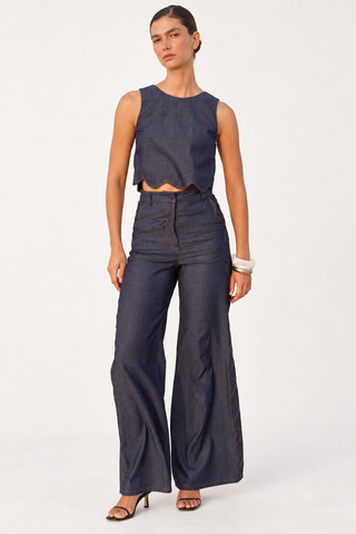 Conjunto Pompousa Almendra y Roberta Wide Leg – Azul Denim