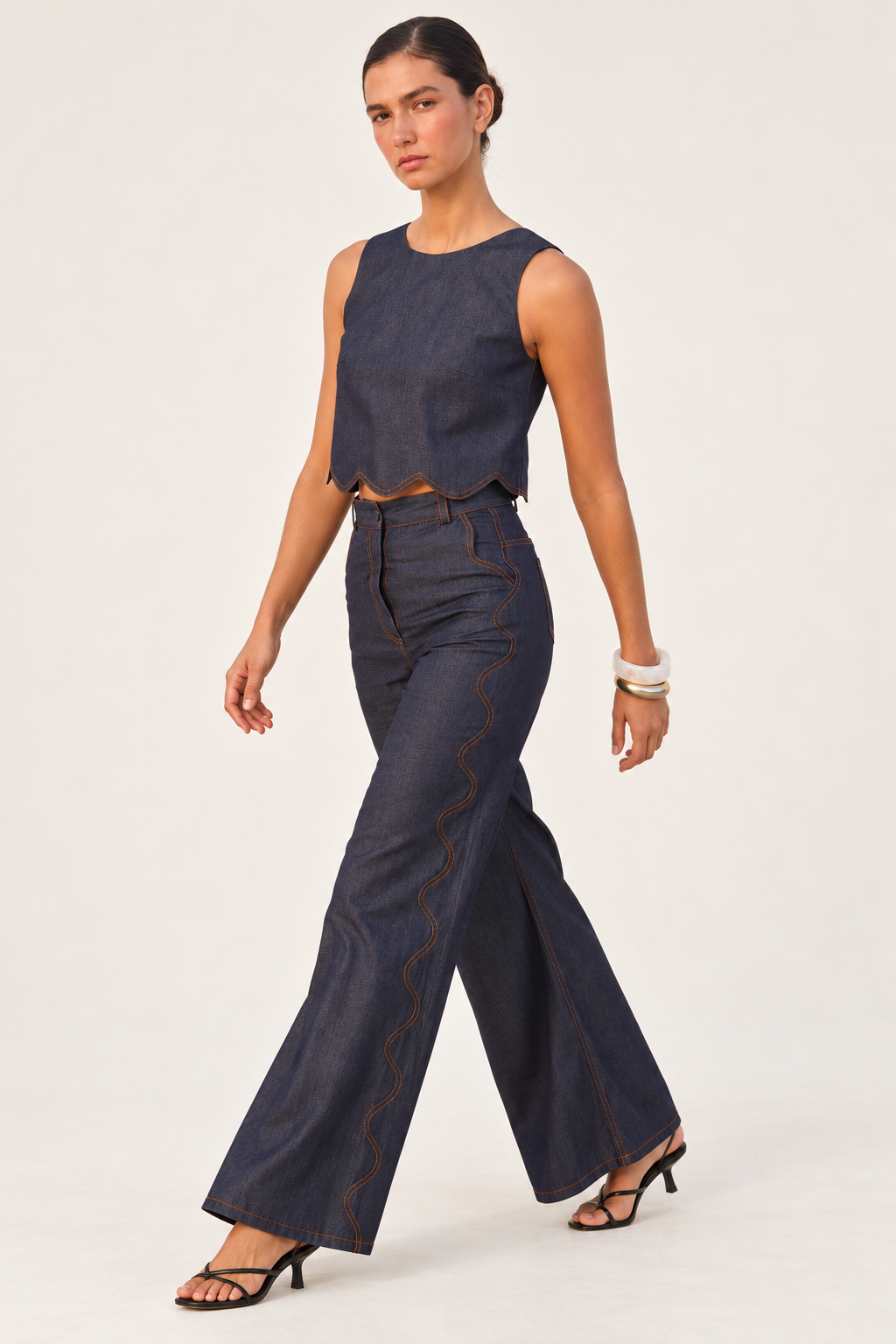 Conjunto Pompousa Almendra y Roberta Wide Leg – Azul Denim