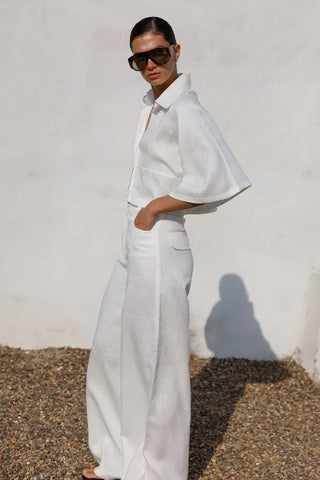 Conjunto Pompousa Inés e Isidora de Lino Wide Leg – Blanco