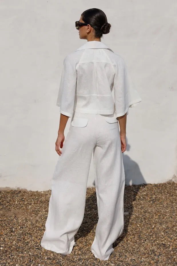 Conjunto Pompousa Inés e Isidora de Lino Wide Leg – Blanco