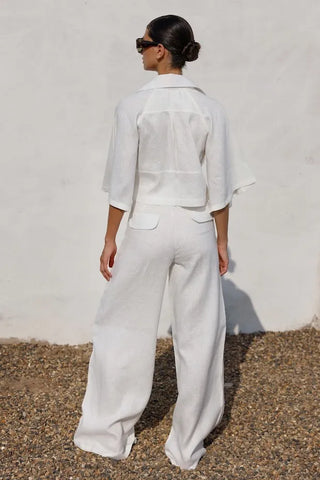 Conjunto Pompousa Inés e Isidora de Lino Wide Leg – Blanco