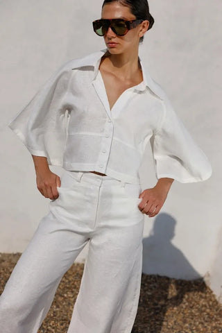 Conjunto Pompousa Inés e Isidora de Lino Wide Leg – Blanco