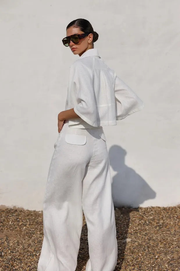Conjunto Pompousa Inés e Isidora de Lino Wide Leg – Blanco
