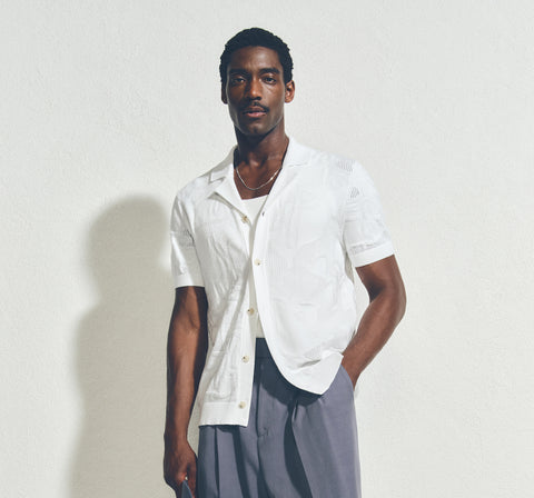 Camisa Tejida BOSS de Manga Corta con Cuello Abierto - Blanco