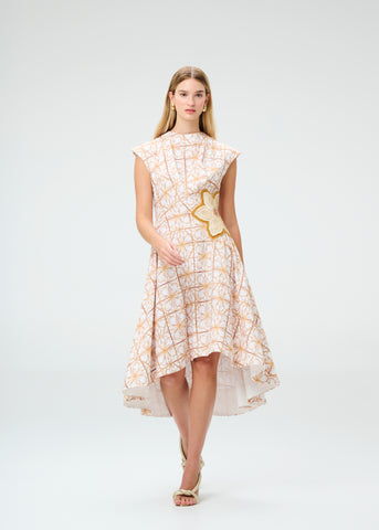 Vestido Simona Midi Honey Asimétrico con Aplique Floral / Rayon + Lino