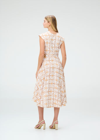 Vestido Simona Midi Honey Asimétrico con Aplique Floral / Rayon + Lino