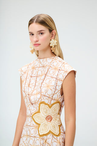 Vestido Simona Midi Honey Asimétrico con Aplique Floral / Rayon + Lino