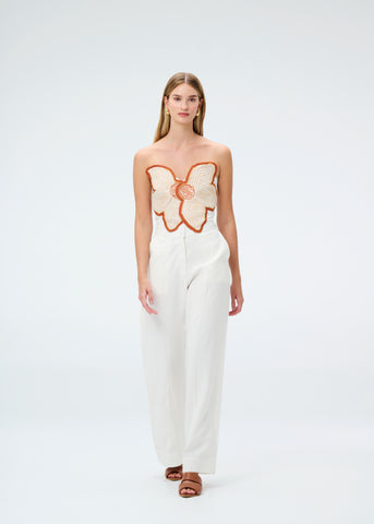 Crop Top Simona Glow Strapless con Bordado Floral - Rayon + Naylon + Spandex