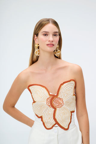Crop Top Simona Glow Strapless con Bordado Floral - Rayon + Naylon + Spandex