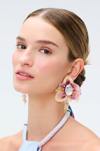 Aretes Simona Peplum Flor con Cristal – Lila / Crema / Rosado