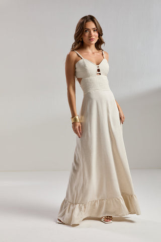 Vestido largo ZOEW Venus en lino – Natural con costuras doradas