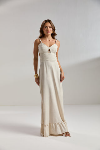 Vestido largo ZOEW Venus en lino – Natural con costuras doradas