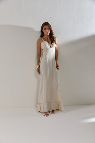 Vestido largo ZOEW Venus en lino – Natural con costuras doradas