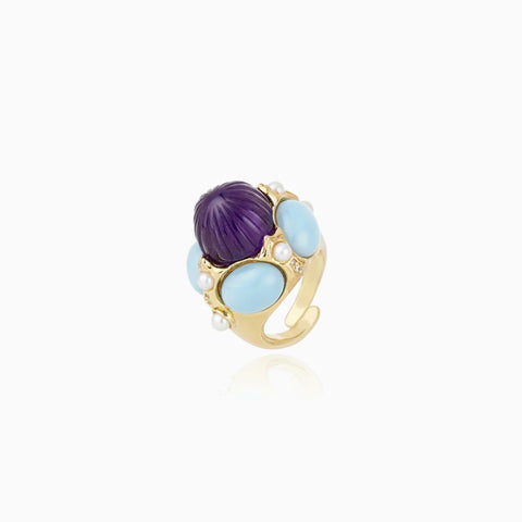 Anillo Cristina Sabatini Volpi Turquoise con Baño de Oro, Turquesa, Amatista y Perlas – Dorado / Turquesa / Morado