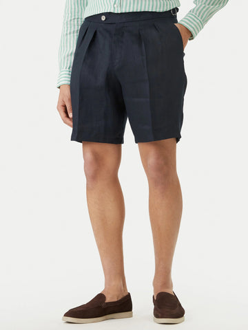 Bermudas BOSS Plisadas en Lino - Azul Marino