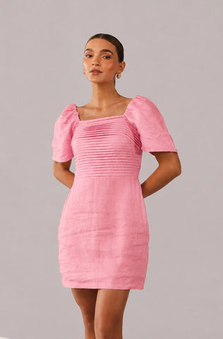 Vestido Mini Faride Mayra con Escote Cuadrado y Mangas Abullonadas – Rosado