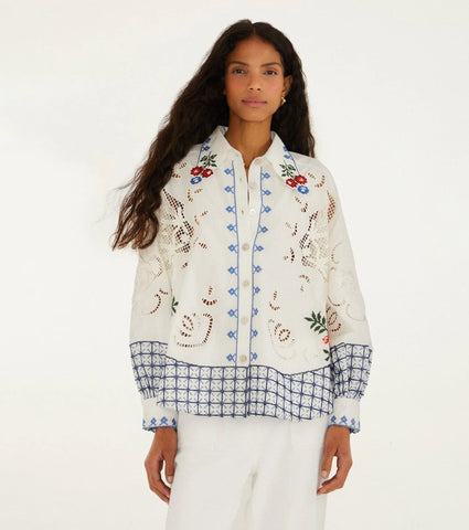 Camisa Farm Rio Camisa Bordada Blanca con Detalles Artesanales