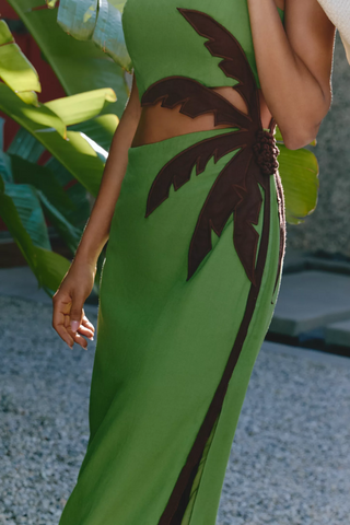 Vestido Farm Rio Midi en Lino green 3d palm tree cut-out