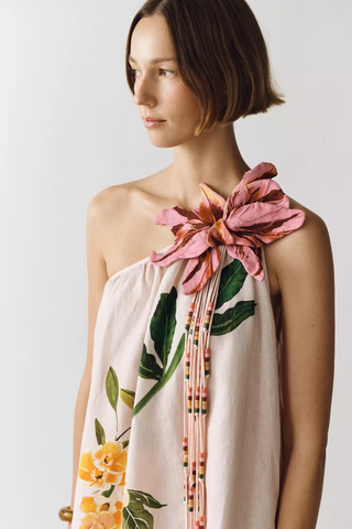 Vestido Maxi FARM Rio rosa de un solo hombro con estampado de terraza y jardín en 3D