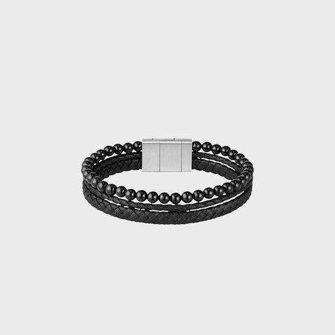 Pulsera Boss De Perlas Negras y Leather