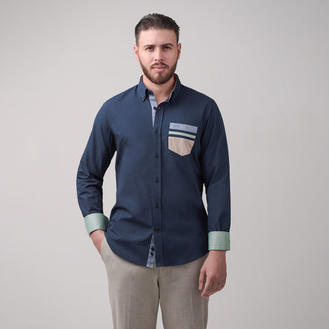 Camisa Club Bertín Mangas Larga de Algodón Twill Con Bolsillo de Parches Regular Fit