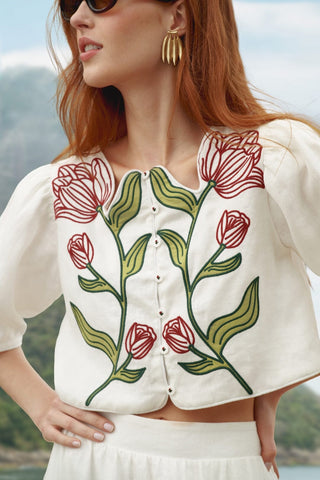 Crop Top FARM Rio flower embroidered en lino