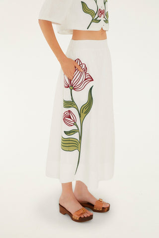 Falda FARM Rio midi Bordado floral en Lino